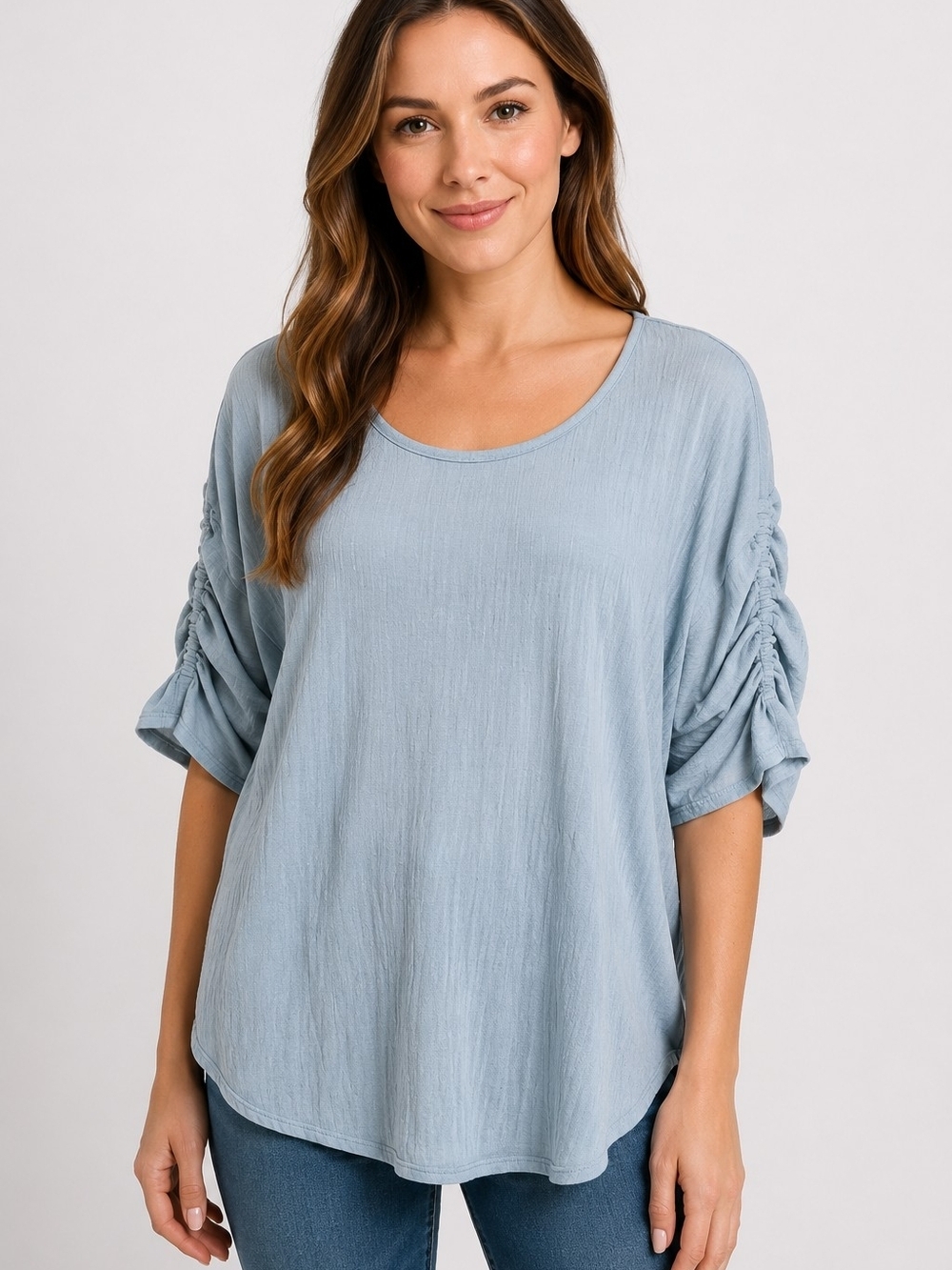 Max Studio Dusty Blue Ruched-Sleeve Scoop Neck Tunic